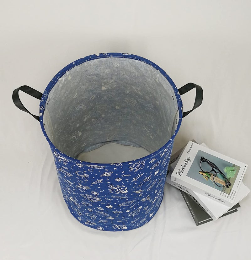 KUNRO Round Laundry Gift Basket Storage Hamper, Clothes Storage Organizer Bins, Shelf Basket with Handles for Room Decor (navy Spaceship) - Image 5